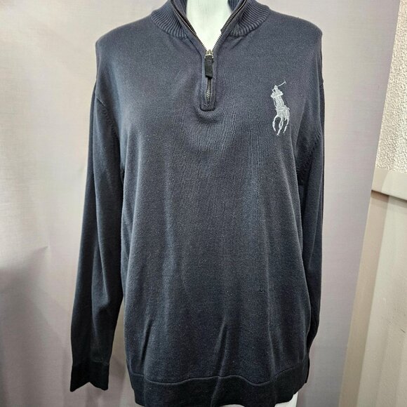 Mens Sweater Pullover Shirt 1/4 Zip M Navy Blue Big Pony Embroidered Long Sleeve - Picture 1 of 10